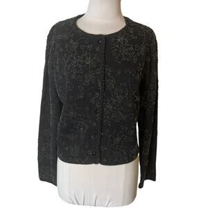 Michael Simon floral beaded cardigan sweater black sz L